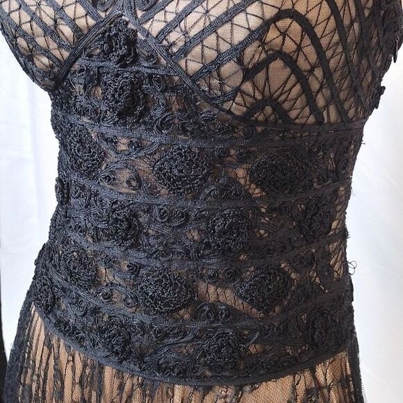 Sue Wong Y2K Black Gold Floral Crochet Lace Tank Midi Slip Dress Size 8 - Picture 10 of 17